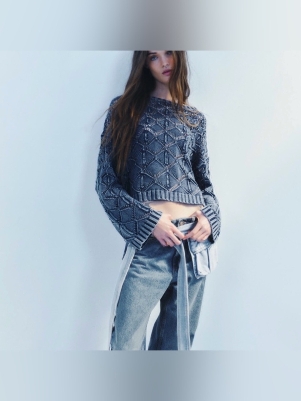 ZARA NWT Washed Effect Knit Sweater Indigo Blue Textured Cropped Top Size Small